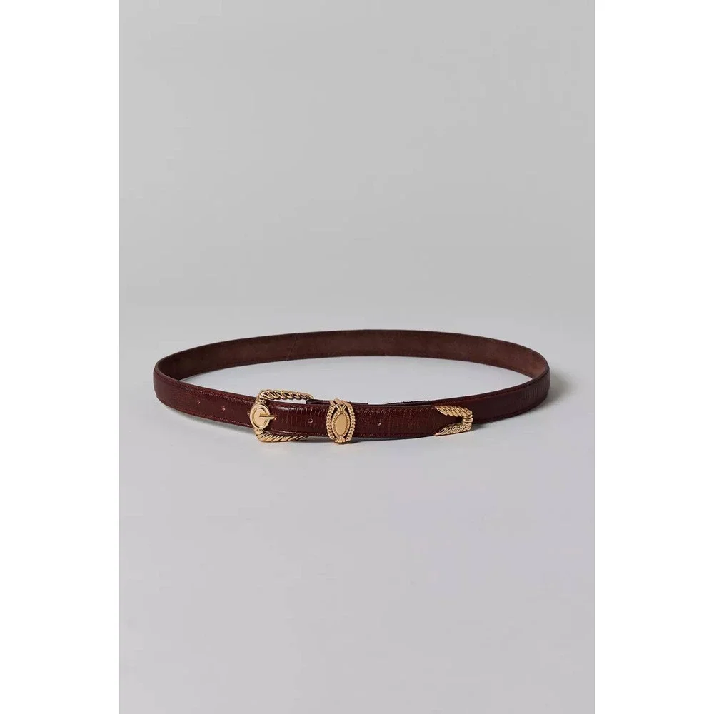 Urban Outfitters Leather Belt Womens L Western Lizard Embossed Brown Gold Buckle